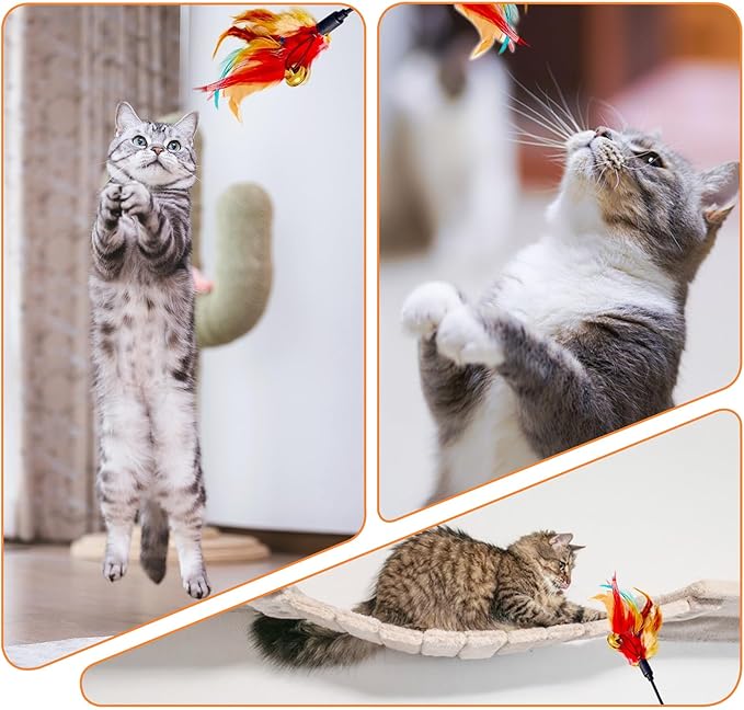 Cat Feather Toys, Cat Toy with Elastic Turkey Feathers, Interactive Teaser Wand with Bell, Durable Flexible Rod for Playful Kittens and Cats, Indoor Entertainment for Pets (1.35")