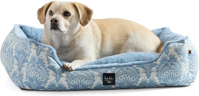 Nicole Miller New York PET Mod Damask Plushy Bolster Pet Bed, Cozy & Calming, Non-Slip Bottom, Machine Washable Cover, Blue, Large 35"x28"x8"