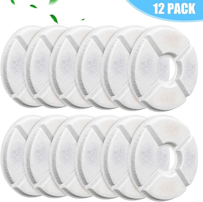 Cat Water Fountain Filter, 12 Pcs Replacement Cat Fountain Filters, 3-Filtration System Round Carbon Cats Filters Compatible with 81oz/2.4L Round Automatic Pet Fountain Water Dispenser