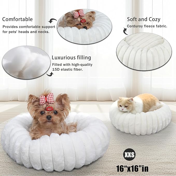 Tiny Dog Bed for Small Dogs and Cats – 16 Inch Donut Washable Soft Comfort Indoor Extra Small Pet Bed,Calming Anti-Anxiety Non-Slip Fluffy Plush Faux Fur Round Puppy Beds Fits Up to 5 lbs Pets,Cream