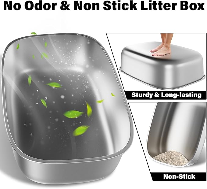Stainless Steel Litter Box, 22.8“x16.5"x6" Oval Stainless Steel Cat Litter Box Extra Large, XL Metal Litterbox for Big Cats, Non Stick Surface, Easy to Clean