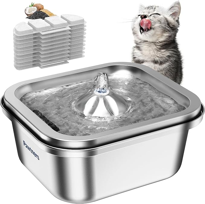 Cat Water Fountain Stainless Steel: 4L/140oz Pet Fountain Water Bowl Indoor, Automatic Dog Drinking Dispenser, Cat Feeding Watering Supplies, Metal Kitty Waterer Fountain, 10 Replacement Filters