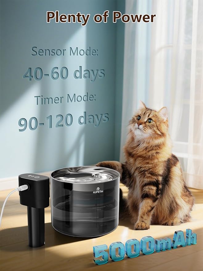 Wireless Cat Water Fountain Stainless Steel, AUPETM Cat Fountain 3.5L Battery Operated Pet Water Fountain for Cats Indoor, Motion Sensor Cat Drinking Fountain with 3 Sets Filter (5000mAh, WF080)
