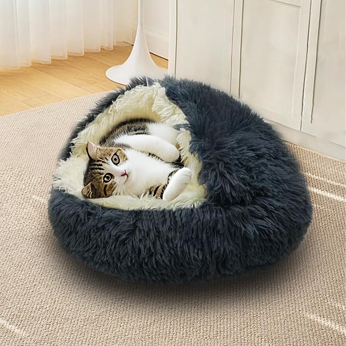 ShinHye Cat Bed Round Plush Fluffy Hooded Cat Bed Cave, Cozy for Indoor Cats or Small Dog beds, Soothing Pet Beds Doughnut Calm Anti-nxiety Dog Bed - Waterproof Bottom Washable (20×20inch, Dark Grey)