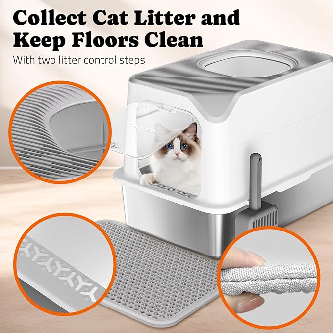 Pawtners Stainless Steel Cat Litter Box, XL Extra Large Kitty Litter Pan, Front Entry Top Exit Enclosed Metal Cat Toilet for Odor Control with Removable Lid & Scoop & Mat, Anti-Leakage, Easy to Clean