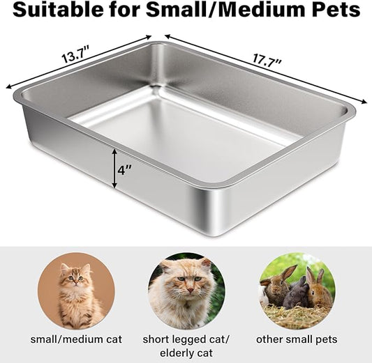 Stainless Steel Litter Box 2 Pack,Small to Medium Litter Box for Kittens 17.7" x 13.7" x 4",Easy Clean Non Stick Easy Entry No Smell Metal Litterbox for Cat Kitty/Rabbits