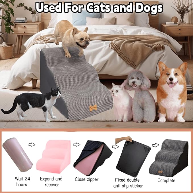 Dog Stairs to high beds, 3-step dog stairs for dogs to get on bed couch high 16"-20 inch, dog pet stairs for small large dogs cats climbing to bed, Non-Slip balanced doggy Grey (23.7*15.8*15.8 IN 33D)