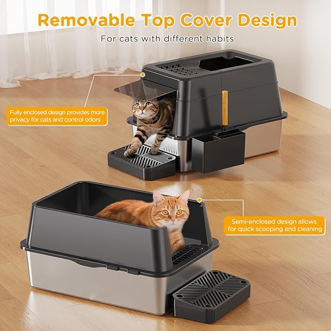 Stainless Steel Litter Box with Lid, XL Closed Metal Litter Box Modular Design with Flip Lid Fits All Cats, Extra Large Covered High Sided Cat Box, Scoop, Non-Sticky, Easy Cleaning, Black