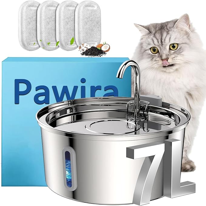 Pawira Water Fountain for Cats, 2025 Upgraded 3.2L/7L Stainless Steel Cats & Dogs Water Fountain with Filter Sets, Multi-Filtration, Whisper Quiet, Easy to Clean (7L/254oz, Type B + 4 Filter)