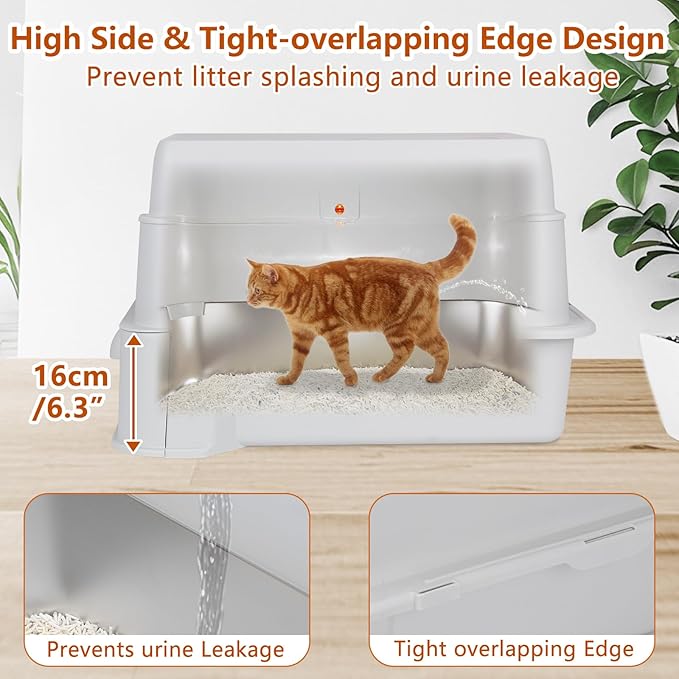 Enclosed Stainless Steel Cat Litter Boxes,Top Entry Large Foldable Litter Box with Lid,Hooded Covered Stainless Steel Cat Litter Box,Easy Cleaning,No Urine Leakage,Deeper Pan,with Litter Mat