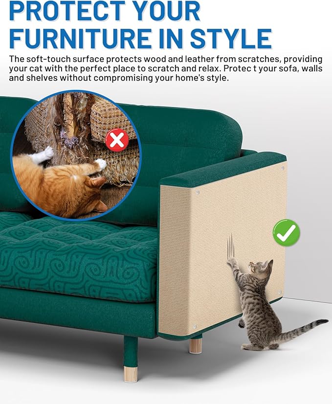 Cat Scratch Couch Furniture Protector, 78.7" x 15.8" Self-Adhesive Cat Scratch Mats, Trimmable DIY Cat Scratcher Pads for Wall, Couch Corner, Cat Tower and Replacement Pads (Khaki)