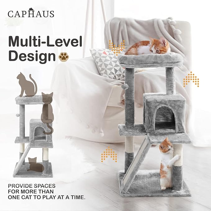 CAPHAUS Cats Kittens Tower with Large Modern Widened Perch, Cute 37-Inch Indoor Multi-Level Cat Activity Tree Scratching Posts, Small Ramp, 2-Door Cave Condo for Cats, Light Grey