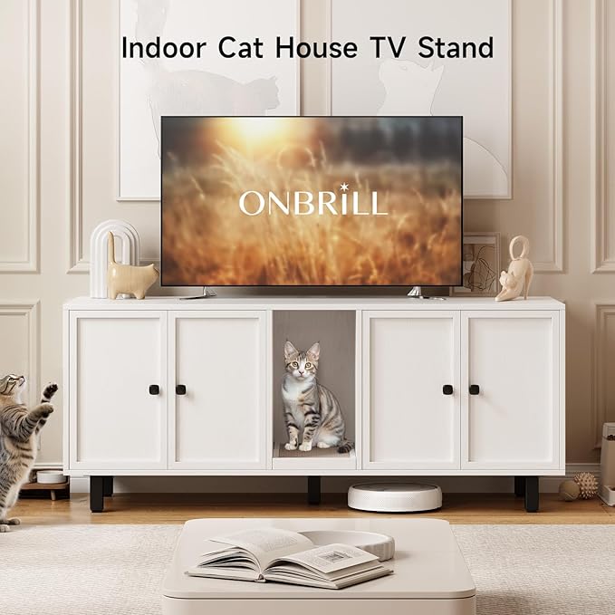59 Inches Cat Litter Box Enclosure for 2 Cats, Hidden Litter Boxes Furniture with Cat Scratch Pad, Large Indoor Pet House with Double Room, Wooden TV Stand Side Table, Off White