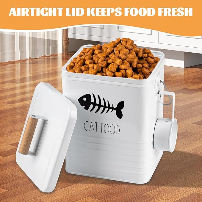 Cat Food Storage Container with Scoop - 5-7 lb Metal Cat Treat Container with Wood Handle, Pet Snacks Canisters with Airtight Lid & Dry Food Scoop for Kibble & Treats, Kitchen Counter Organizer