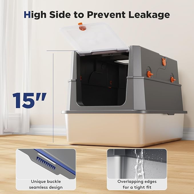 FURTIME Stainless Steel Litter Box with Lid, XL Extra Large Enclosed Cat Litter Box for Big Cats, Metal Cat Box with High Sided Enclosure & Scoop, Front & Top Entry, Odor Free, Anti-Leakage, Grey