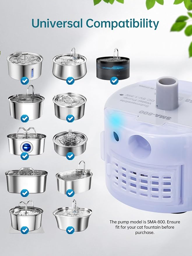 Cat Water Fountain Pump, Replacement Pump for 2L/ 3.2L / 4L Stainless Steel Cat Water Fountain, Ultra Quiet Fountain Pump SMA-800 Submersible Motor with IP68, Low Power Consumption 1.5W and USB Cable