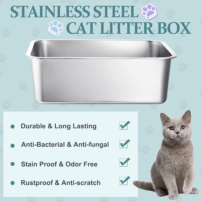 Gerrii 3 Packs Extra Large Stainless Steel Litter Box for Cat with High Sides, Non Stick Smooth Surface, Easy to Clean for Cat Bunny(23.6 x 15.7 x 7.9'')