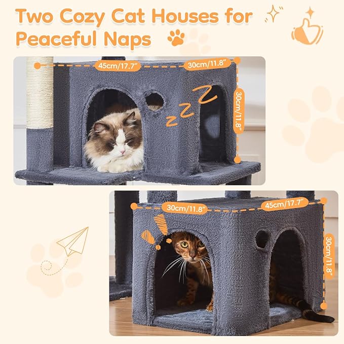 Taoqimiao Heavy Duty Cat Tree for Large Cats 20lbs+, 71 Inches Tall Cat Tower, 2 Cat Condo with 6 Scratching Posts, Super Large Hammcock, Cat Toys, Cozy Basket, Smoky Gray, MS037G