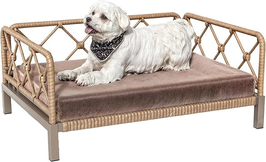 Dog Bed with Cushion, Cooling Elevated Raised Beds with Rattan Breathable Mesh and Universal Mat, Indoor & Outdoor Pet Cots for Small Dog, Brown