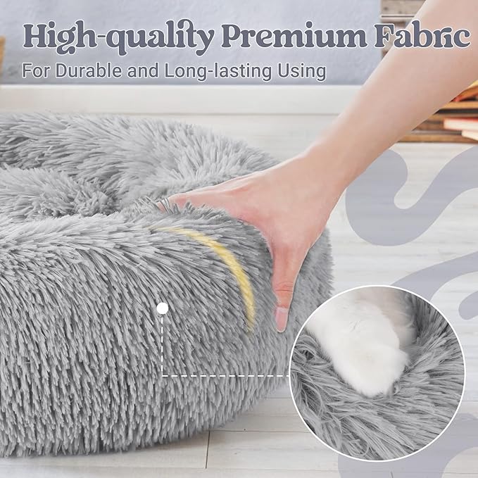 rabbitgoo Calming Dog Bed for Small Medium, 27 inches Pet Bed Machine Washable, Non-Slip Round Fluffy Plush Faux Fur, Soft Donut Cuddler Cushion for Small Dogs, Light Grey
