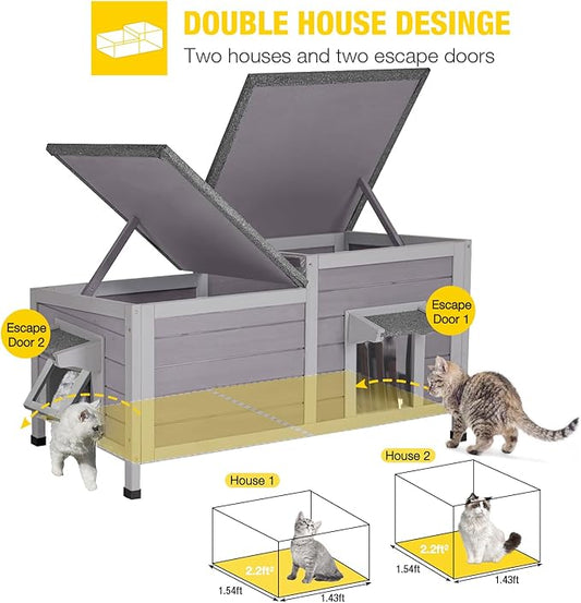 Aivituvin Cat House Outdoor Feral Cat Shelter Weatherproof Cat Condo for Winter Double Rooms Kitty Cage