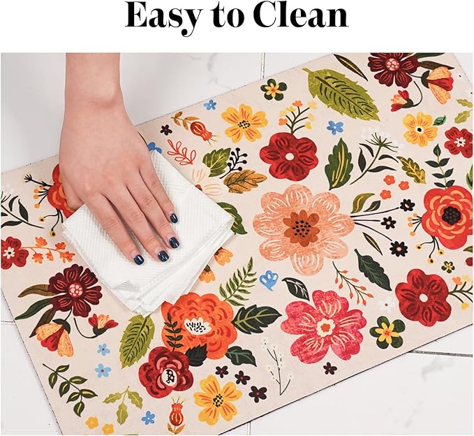 Dog Food Mats for Floors, Absorbent Quick Dry Pet Cat Food Mat, Dog Bowl Mats for Food and Water Dispenser Mat, Eco-Friendly Dog Accessories Pet Supplies 12""x20"", Floral White