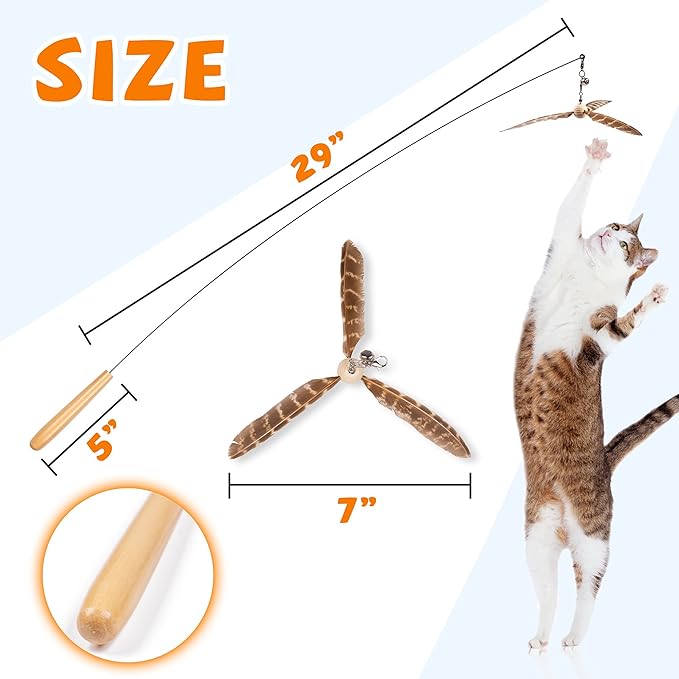 JXFUKAL Cat Wand Toys, Interactive Cat Toys with 3 Feather Refills, 29'' Flexible Steel Wire, Sturdy Wood Handle & Bell for Kitty Kitten, Cat Toys for Indoor Cats Teaser Cat String Toy
