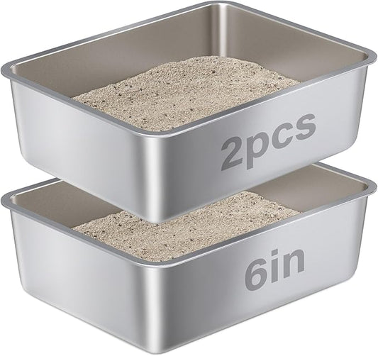 Stainless Steel Litter Box -Metal Cat Litter Box,Cat LitterBox 6" High Sided for Kitty/Kitten/Rabbit/Puppy (2 Pack),Metal Tray/Catlitter Pan Odor-Proof & Non-Stick Easy Clean.