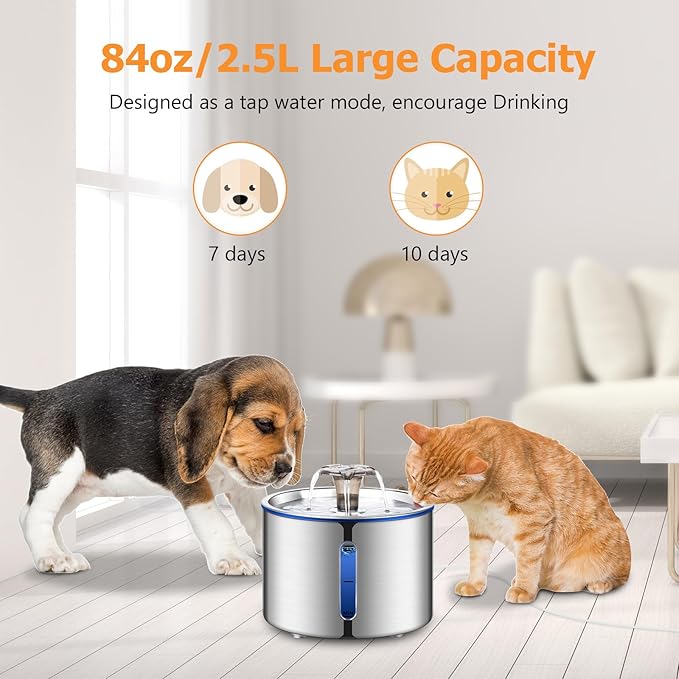 Cat Fountain, 84oz/2.5L Stainless Steel Pet Water Fountain, Automatic Dog Water Dispenser, Water Level Window, Ultra-Quiet Pump, Perfect for Cats, Dogs and Multiple Pets, 4 Filters