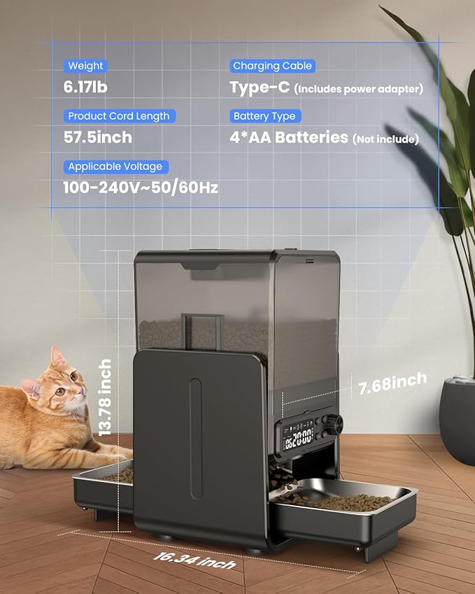 Automatic Cat Feeder for 2 Cats, 5L/20 Cups Food Dispenser with Adjustable Raised Double Bowls, Detachable Control Panel, Timed Cat and Dogs Feeder for Dry Food, Dual Power Supply