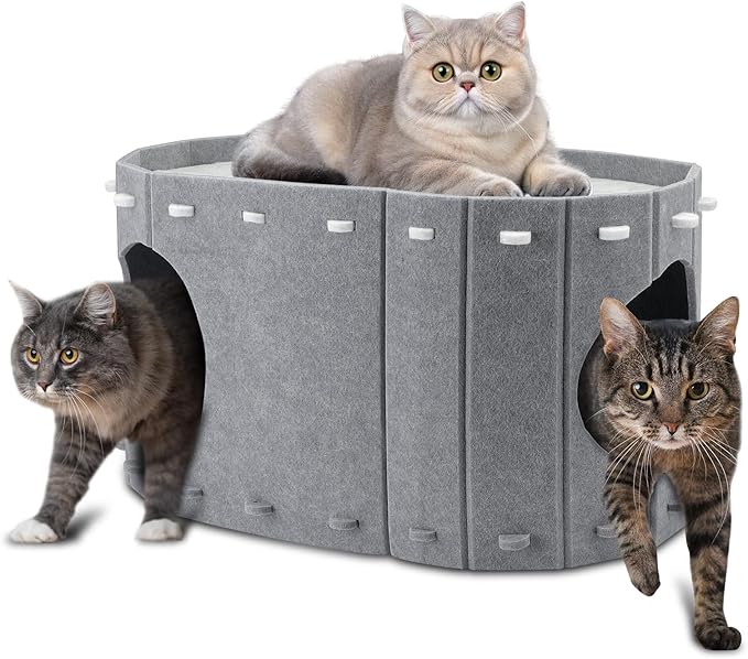 Cat House for Indoor Cats, Double Layer Cat Bed Cave, Large Space Cat Enclosed Bed for Home, Easy Assembly (Grey, Large)