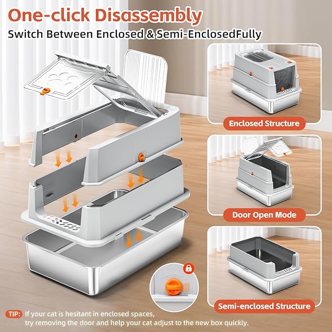 Stainless Steel Litter Box with lid,165° Flip-Top Large Enclosed Cat Litter Box with Metal Litter Scoop & Cat Litter Mat.Non-Sticky, Non-Odor, Easy Cleaning-Light Gray