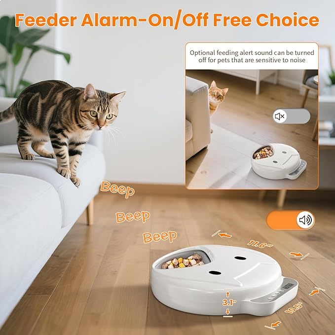 Automatic Cat Feeder Wet&Dry Food-Cordless Pet Food Dispenser-Pet Fresh Food Refrigerated Container with 2 Ice Packs,Programmable Timer Battery Powered Feeder for Cat Samll Dog-4 Meals Per Day-White