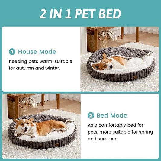 Dog Bed with Hooded Blanket, Round Fluffy Anti-Anxiety Pet Bed for Medium Dogs & Large Dogs, Cozy Donut Cuddler with Machine Washable Faux Fur & Anti-Slip Bottom(35"×35"×7",Grey)