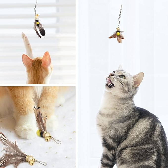 SONGWAY Cat Toys Feather Wand - Retractable Cat Wand Toy and 8 Pieces Insect Cat Feather Toys with Bell, Interactive Cat Toys for Indoor Cats Kittens