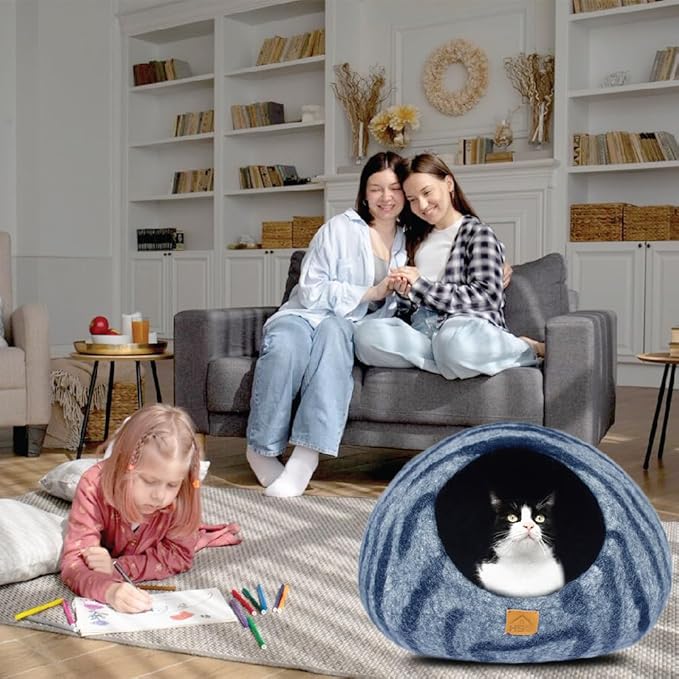 Large Wool Cat Cave Premium Felt Bed for Cats & Kittens Pet House Natural 100% Merino Wool Handmade Indoor Hideaway Eco-Friendly Cove 19 Inch Diameter Round Handcrafted Dome (Dark Gray Tiger)