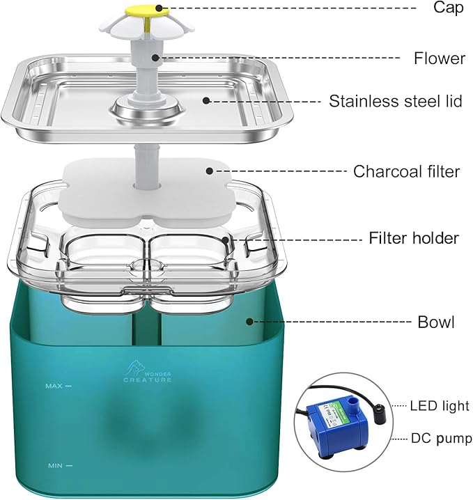 Crystal Cat Water Fountain Stainless Steel with 4 Filters and 4 Sponges, 101oz/3L Pet Fountain with LED Light for Cats and Dogs (Green)