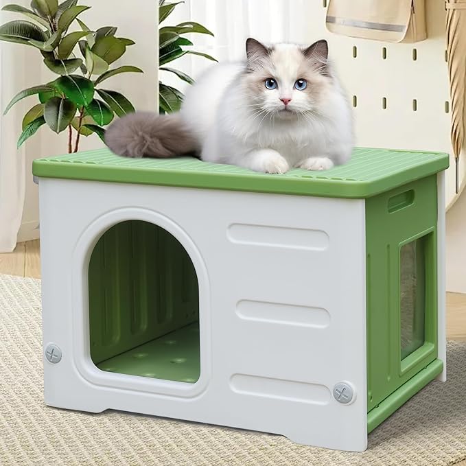Plastic Cat House for Outdoor Indoor Use, Feral Cat Shelter Indoor Stackable Cat House Insulated Weatherproof Waterproof with Mat-Green
