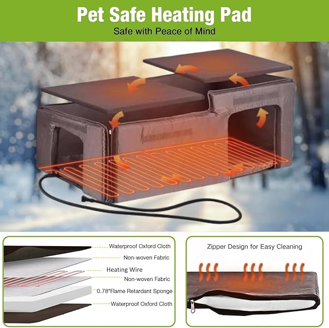 Gutinneen Heated Cat House for Outside Feral Kitty Shelter with Liner Weatherproof Insulated Outdoor Cat Shelter for Winter - Safe Escape Door and Large Space