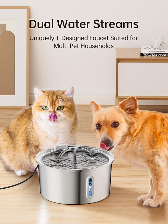 Cat Water Fountain Stainless Steel, 3.2L/108OZ Pet Water Fountain for Drinking,Automatic Metal Dog Water Fountain with 4 Filters & 4 Sponges,Quiet Pump,Dual-Stream for Cats, Dogs,Multiple Pets Indoor