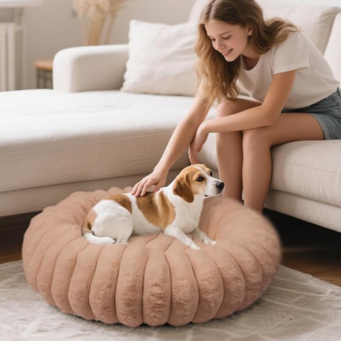 Calming Donut Dog Cat Bed, Anti-Anxiety Fluffy Warm Cozy Round Puppy Bed, Fuzzy Comfort Plush Pet Beds for Small Medium Dogs & Cats (20"/23"/28"/30"/36")