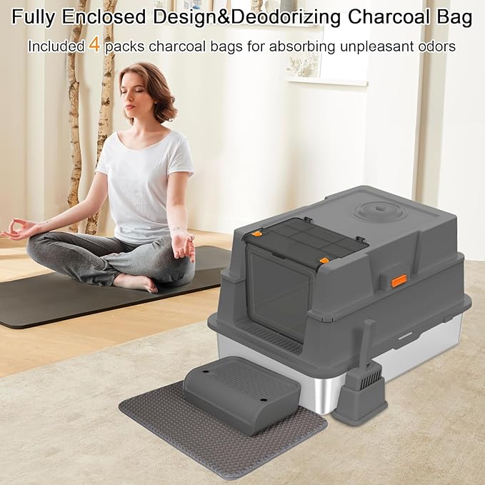 XXXL Stainless Steel Litter Box with Lid,XXXL Enclosed Metal Cat Litter Box for Big Cats,Multiple Cats,with Litter Scoop & Foot Pedal & Litter Mat,Odor Control,Easy Cleaning