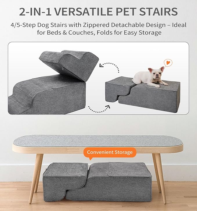 Made4Pets Dog Stairs Ramp for Bed, 4-Step Dog Steps for High Bed Couch Sofa Climbing, 35D Foam Pet Steps for Small Dogs and Cats, Non-Slip Bottom Pet Stairs, Grey