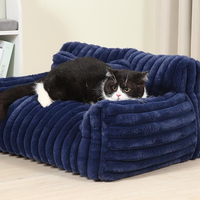 Extra Wide Fluffy Cat Bed, Small Dog Bed with Bone Shaped Pillow, Anti-Anxiety Pet Couch with Washable Cover, Blue