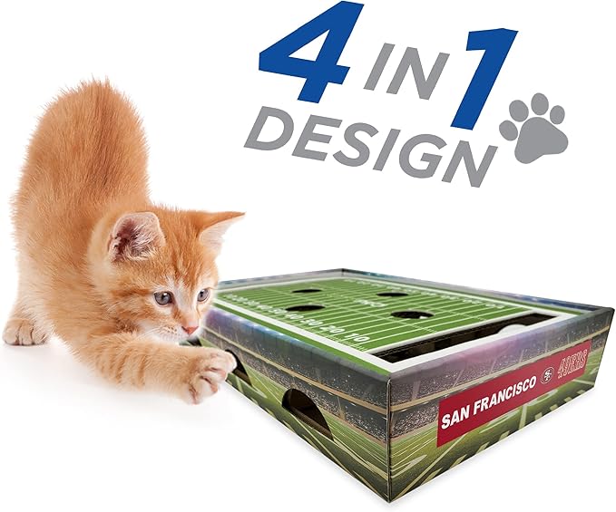 NFL San Francisco 49ers Football Stadium Cat Scratcher Find & Play Box. Game Day Toy With 2 Jingle Bell Balls. Football Field Felt Scratcher Play and Lounge Stimulating Game