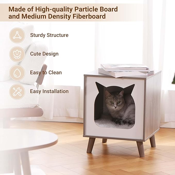 Cat House Wooden Cat Condo Cube Shaped,Modern Cat Bed Side Table & Nightstand,Cat Shelter Furniture with Cushion Cat Scratch Pad,Grey