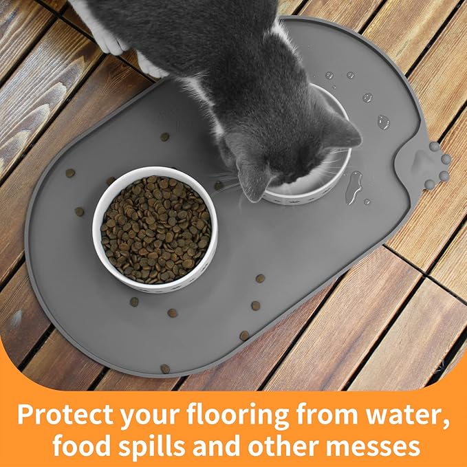 KPWACD Silicone Pet Placemat for Dogs and Cats, Non-Slip Waterproof Pet Feeding Bowl Mat Prevent Food and Water Overflow, High-Lips Puppy Dish Tray Mats Suitable for Large Medium Small Pets, Grey