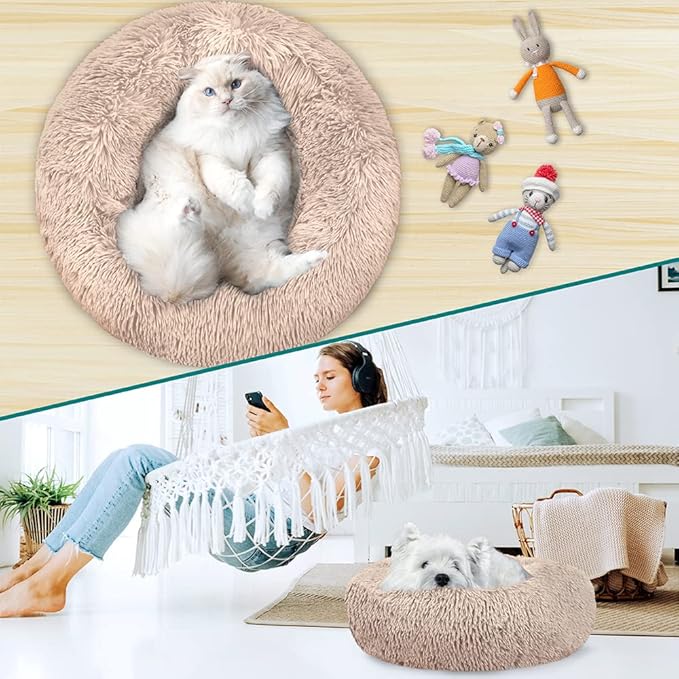PetAmi Calming Dog Bed for Small Medium Dog Cat, Round Donut Dog Bed Washable, Fluffy Faux Fur Plush Cuddler Pet Kitten Cushion Bed, Anti-Slip, Fits up to 45 lbs, 30 inch, Taupe