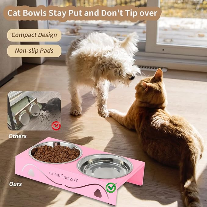 2 Pack Cat Food Bowls - Indoor Set with Metal Stand,5° Tilted Anti Vomiting Wide Raised Pet Dish, Cute Elevated Cat Feeding Station for Food Water, 4 Stainless Steel Bowls for Kitten, Puppy,Pink