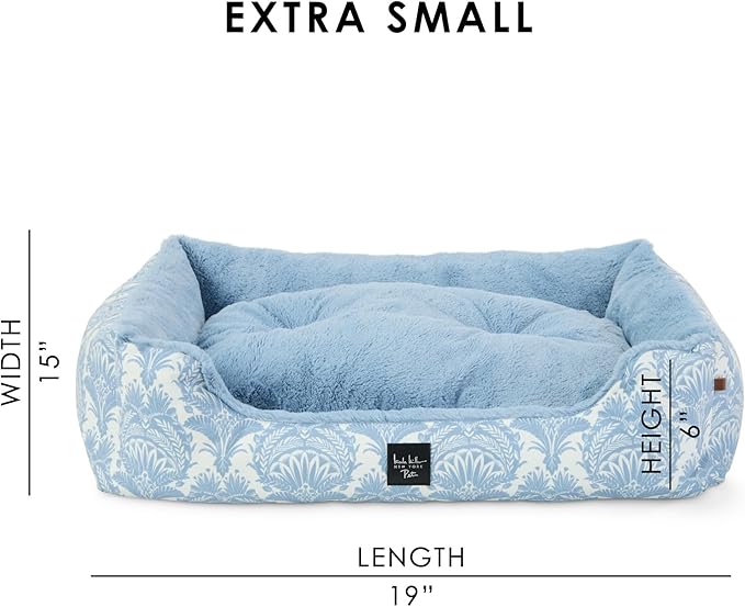 Nicole Miller New York PET Mod Damask Plushy Bolster Pet Bed, Cozy & Calming, Non-Slip Bottom, Machine Washable Cover, Blue, Extra Small 19"x15"x6"
